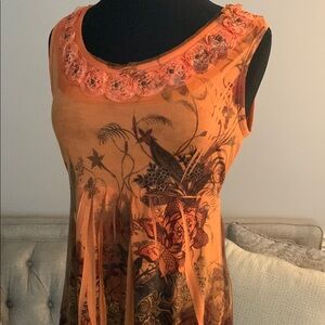 B.L.E.U. Floral Orange Sleeveless Abstract Graphic Design Print Sleeveless Top